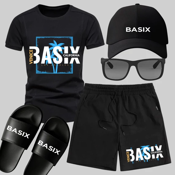BASIX ALL BLACK HEAT póló, rövidnadrág, papucs szett NAGY AKCIÓ 7490FT