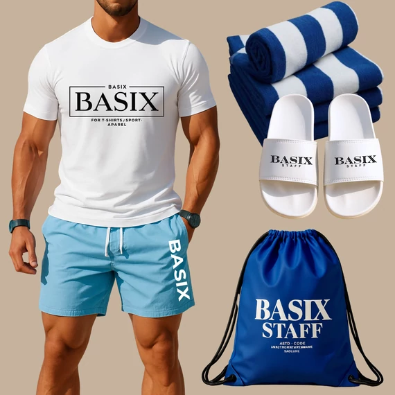 BASIX ULTRA SET fehér póló, kék nadrág ajándék papuccsal és tornazsákkal