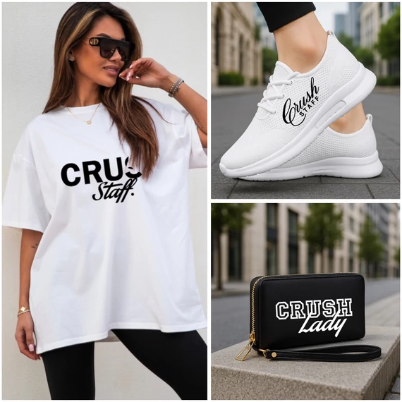 CRUSH STAFF LENA fehér felső leggingsel cipővel és pénztárcával
